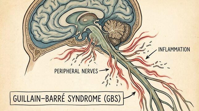 Medical illustration showing nerve inflammation in Guillain-Barre Syndrome