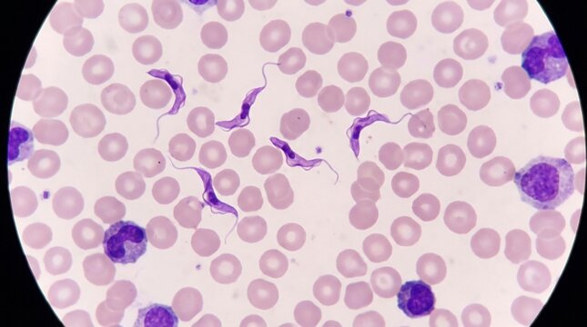 Microscopic view of Trypanosoma parasites in human blood smear
