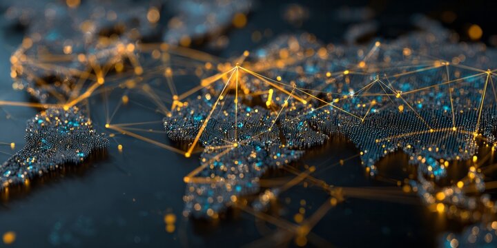 Digital global network visualization illuminates continents with glowing nodes and interconnected lines