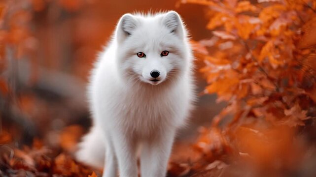 Arctic Fox Walking Through Autumn Forest with Orange Leaves.