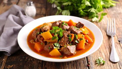 Delicious Beef Stew with Vegetables on a Rustic Wooden Table.