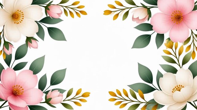 Elegant pink floral frame animating with green leaves and blooming flowers in a watercolor illustration style, creating a border with copy space for wedding invitations.