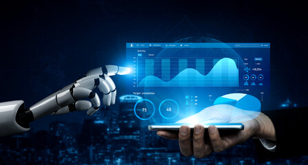 A futuristic robot hand interacts with a smartphone showing data analytics and graphs, symbolizing advanced technology and digital communication. Impute