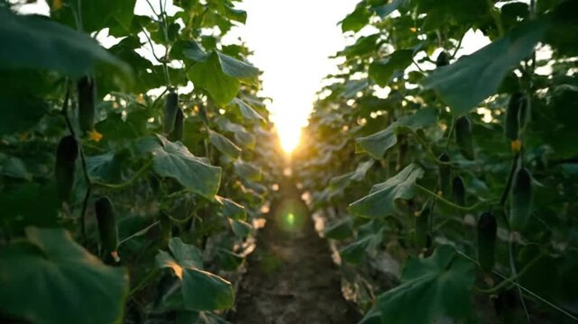 Sunlight shining through rows of green cucumber plants in a field.