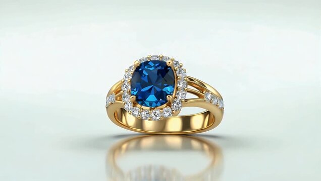 Polished 4K 3D animation of luxurious gothic gold ring adorned with blue gemstones diamonds slowly falling against white background premium jewelry advertising digital 
