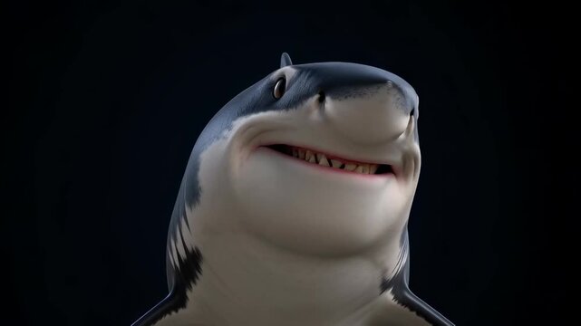Humorous 3D animated shark talking and smiling with sharp teeth against a black background, ideal for funny business storytelling and mascot concepts