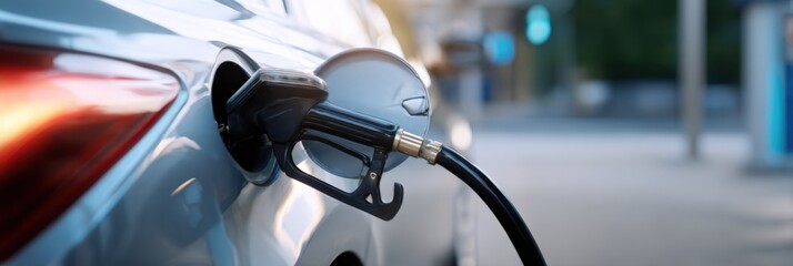 Obraz premium Close-up of fuel pump nozzle in car gas tank at modern gas station