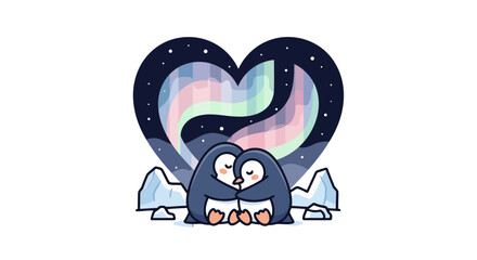 Fototapeta premium Adorable cartoon penguin couple cuddling together in love.