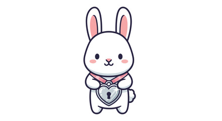 Obraz premium Adorable white kawaii rabbit character holding a heart-shaped padlock.