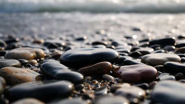 Closeup of smooth wet pebbles on a beach with gentle waves lapping the shore creating a serene and natural coastal scene.