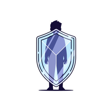 Silhouette of a person protected by a futuristic digital security shield.