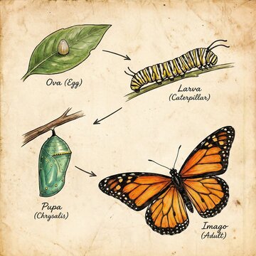 Monarch butterfly life cycle stages from egg to adult