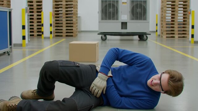 Young warehouse worker slipping on a wet floor puddle and falling down in a painful industrial accident, illustrating workplace safety and liability concepts.
