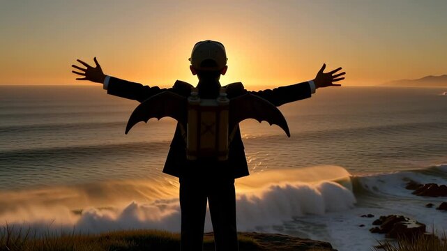Back view of an ambitious boy wearing a homemade wing jetpack raising arms at sunset on a coastal cliff in a cinematic 3D animation, illustrating concepts of imagination and future success