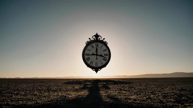 Ornate clock floats above desolate landscape at sunset