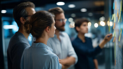 Fototapeta premium Creative business meeting brainstorming ideas sharing, team of marketing business staff standing and discussing solutions for new project, startup business ideas concept, faceless