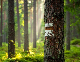 Fototapeta premium Trail marker on a tree in a lush forest.