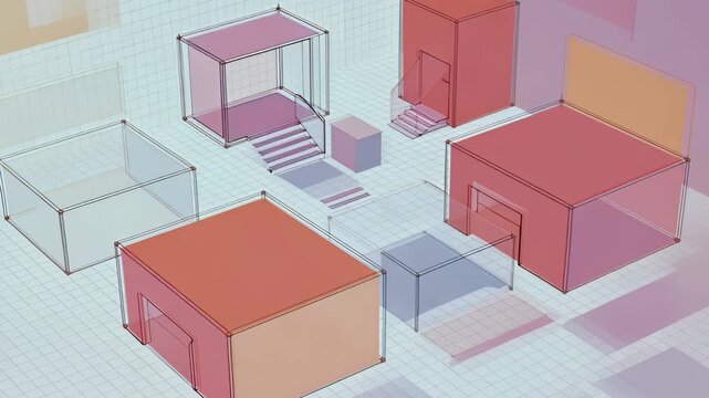 Isometric abstract arrangement of colorful blocks and wireframe cubes