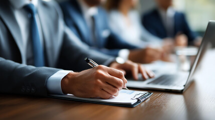 Obraz premium Business formal meeting conference discussion with coworkers, shareholders or clients concentrating, private ideas and data report analysis, businesspeople working to find