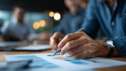 Business brainstorm strategy ideas sharing, hand with paper document chart analysis close-up, business people teamwork consulting and organizing data summary together, conference