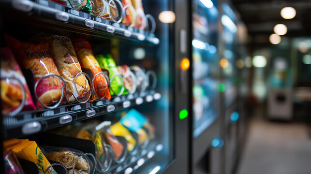 Colorful vending machine filled with various food items, automated food dispenser, snack and meal selection, convenience food access, vibrant product display, defocused machine