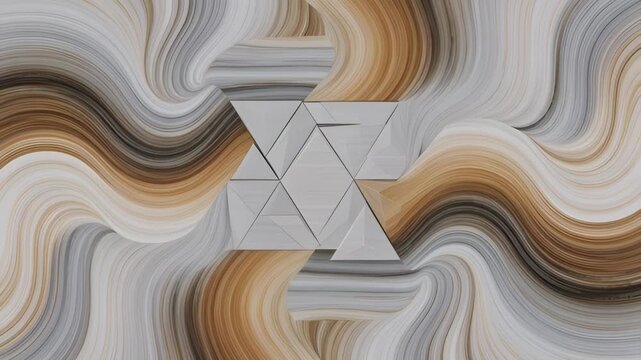 Abstract geometric composition with triangular pyramids over flowing marbled waves