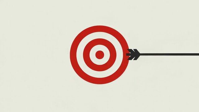 Black arrow hitting the center of a red target board in a minimalist animation, symbolizing business success and accuracy concepts