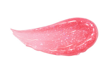Pink lip gloss shimmering texture smear. Cosmetic liquid balm swatching a glossy glitter stroke on transparent background
