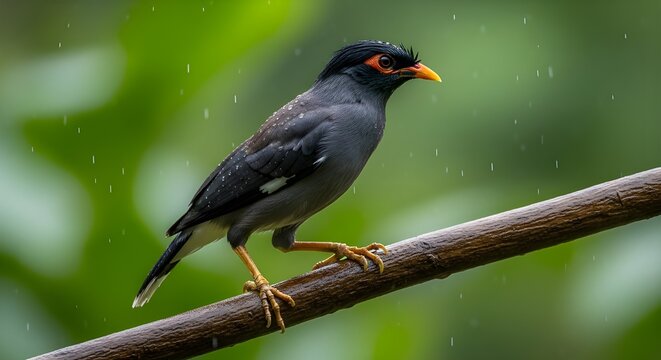 Myna bird with vibrant yellow eye patches and orange beak, perches on a rain-kissed branch, observing its tropical environment during a gentle downpour