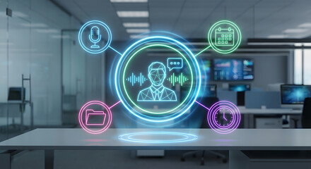 futuristic neon digital assistant hologram in a modern office showing glowing icons for voice recognition calendar scheduling file management and time tracking technology