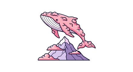 Surreal illustration of a giant pink whale made of clouds floating over a mountain.