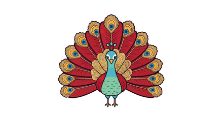 Stylized peacock illustration with vibrant red tail feathers fanned out.