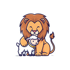 Cute cartoon lion and lamb hugging in a friendly embrace.