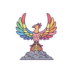 Majestic rainbow phoenix bird rising from ashes cartoon illustration.