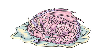 A cute pink baby dragon sleeping peacefully on a soft pillow.
