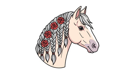 Elegant white horse head with braided mane and red roses illustration.