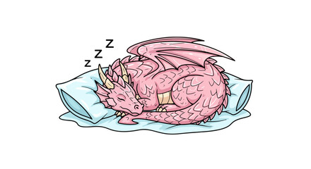 Cute pink cartoon dragon sleeping soundly on a soft pillow.