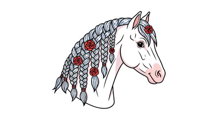 Hand Drawn Illustration of a Majestic Horse with Rose Adorned Braids.