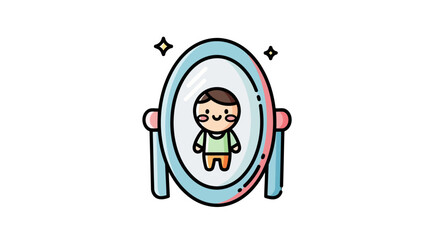 Cute kawaii character looking at their reflection in a sparkling oval mirror.