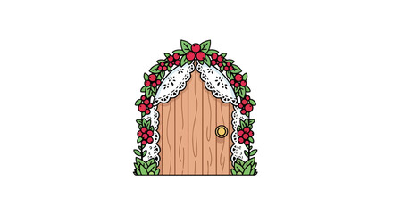 Enchanting Arched Wooden Fairy Door with Floral Garland and Lace.