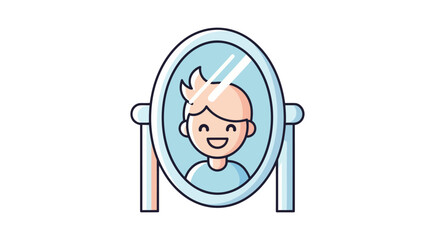 Happy cartoon boy smiling at his own reflection in an oval mirror.