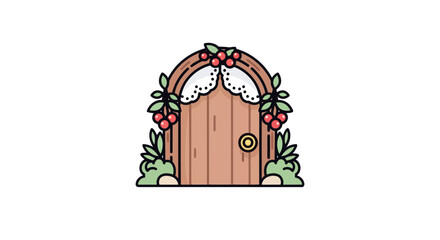 Charming illustrated fairy door with berry and leaf decorations.