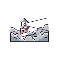 Stylized red and white striped lighthouse in the clouds.