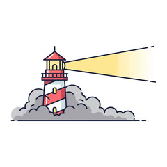 Red and white striped cartoon lighthouse shining a beam of light.