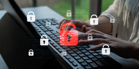 Fototapeta premium Digital security concept illustrating a cybersecurity breach, with a red unlocked padlock indicating data exposure among secure systems, emphasizing system vulnerability and risk Latch