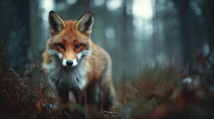 Obraz premium Stunning Portrait of a Red Fox Standing in a Misty Pine Forest with Soft Morning Fog and Natural Deep Green Background Capturing Wild Animal Beauty in its Untamed Nordic Wilderness Habitat at Dawn