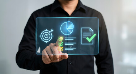 businessman touching digital screen with business analytics icons showing financial charts target goals and checklist for project management performance tracking and corporate growth