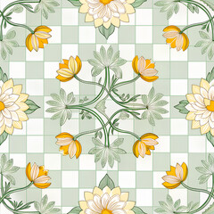 A seamless pattern with pichwai style lotus arranged in a tile-style repeat on a turquoise background. It can be used for printing on various surfaces like textiles and paper or digital work as well.	