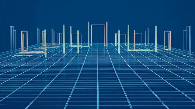 Abstract neon grid with rectangular frames in a blue digital landscape