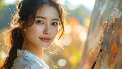 Young Asian artist painting outdoors with focus and determination.